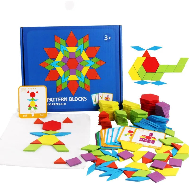 Quebra Cabeça Tangram Madeira Kit Mega 155 itens