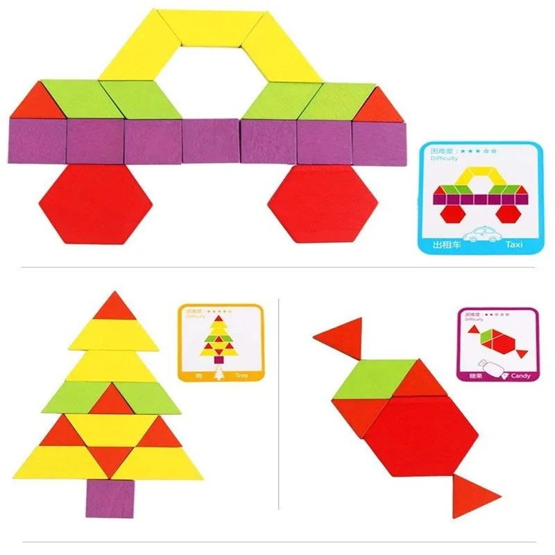 Quebra Cabeça Tangram Madeira Kit Mega 155 itens